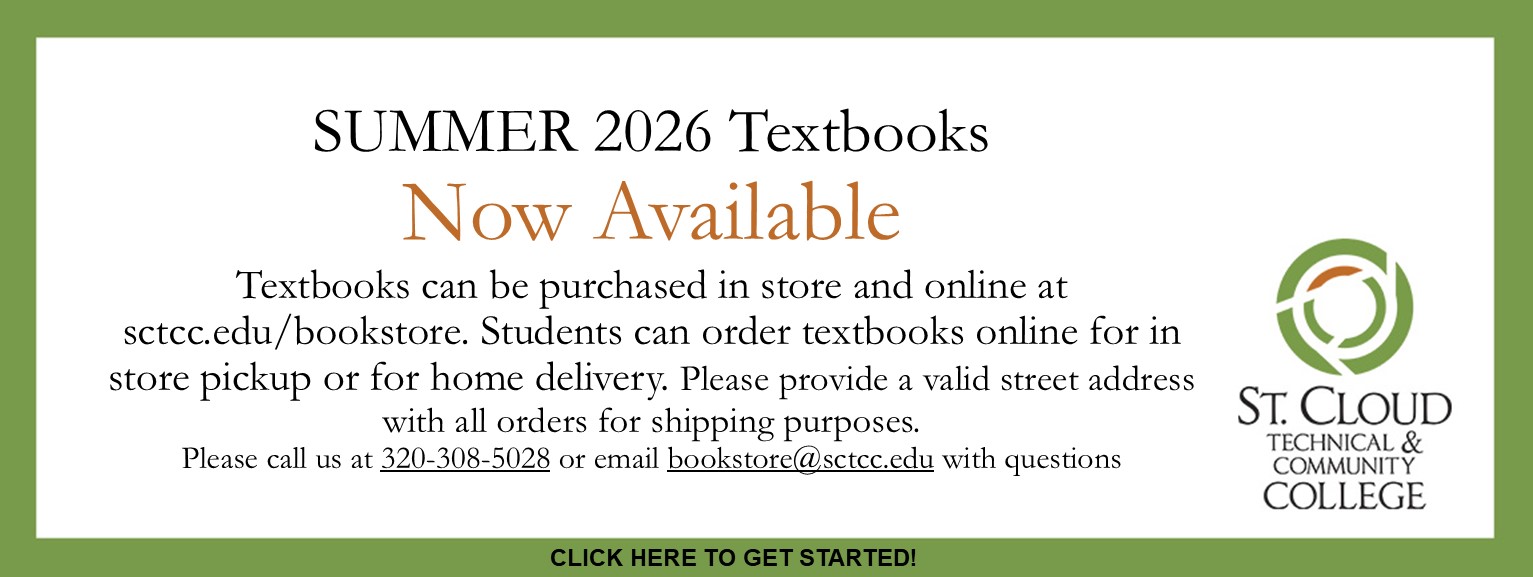 Slide announcing Summer 2026 textbooks available April 27, with instructions to purchase online or in-store, options for pickup or delivery, and bookstore contact information.