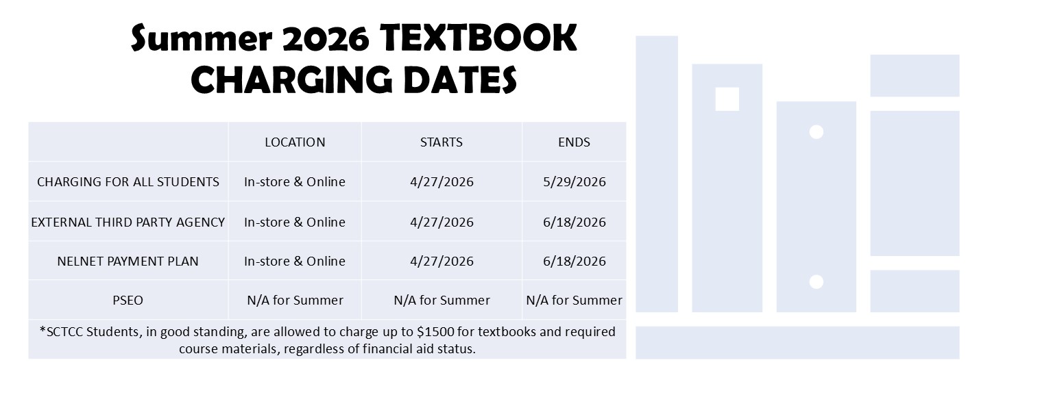 Slide showing Summer 2026 textbook charging dates: all students April 27–May 29; third-party agencies and Nelnet payment plan April 27–June 18; PSEO not available for summer. Students in good standing may charge up to $1,500.