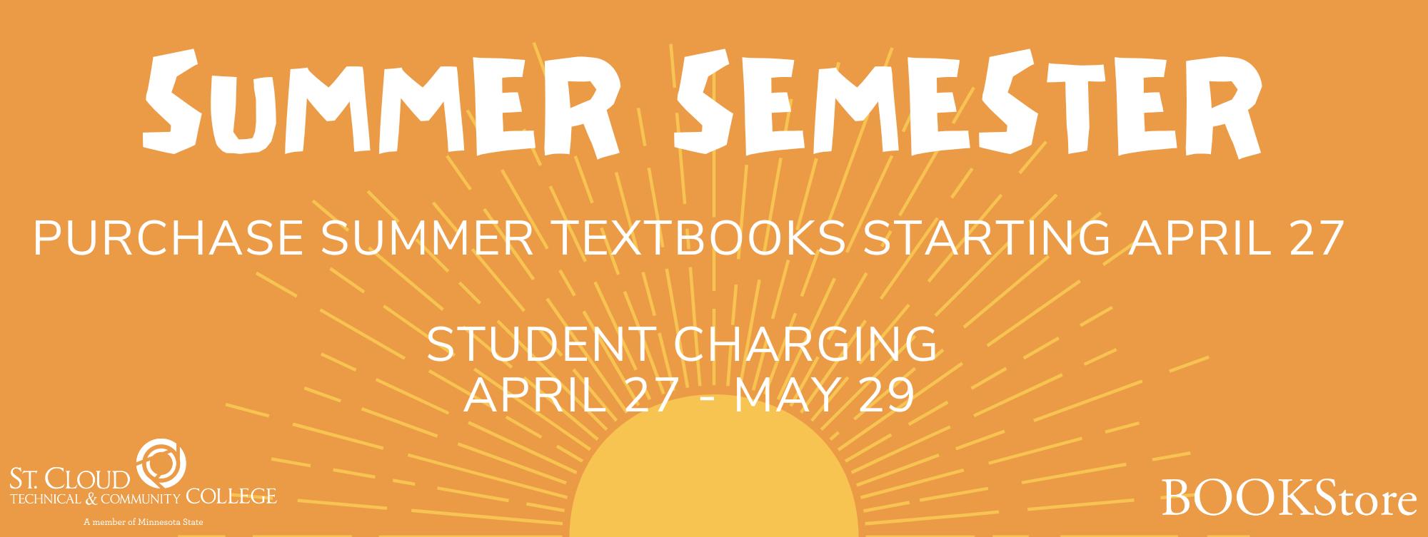 Slide announcing Summer 2026 textbooks now available, with instructions to purchase online or in-store, options for pickup or delivery, and bookstore contact information.